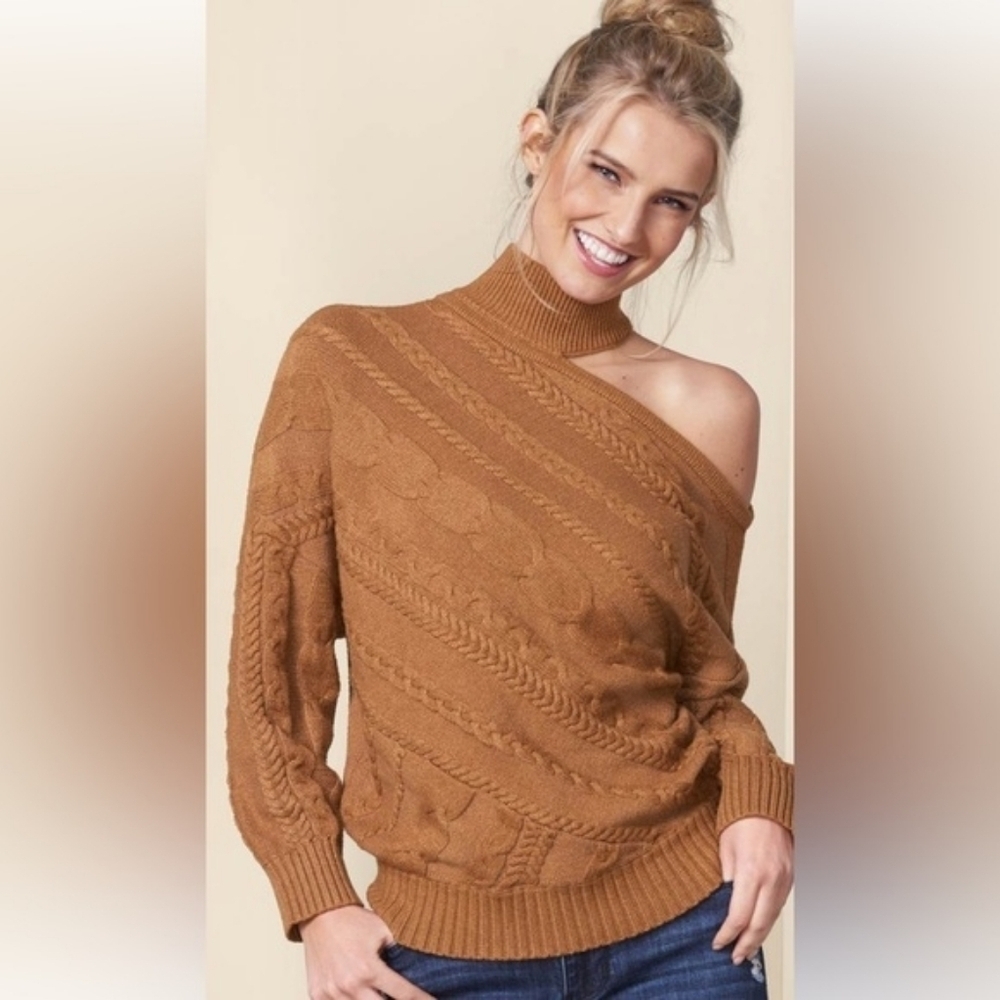 Venus Brown Tan Cable Knit Cold Shoulder Long Sleeve Sweater